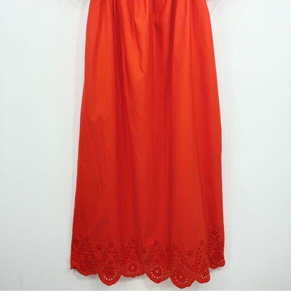 Style House Coral Red Puff Sleeve Keyhole Tie Bust Lacy Hem Maxi Peasant Dress - Picture 6 of 15